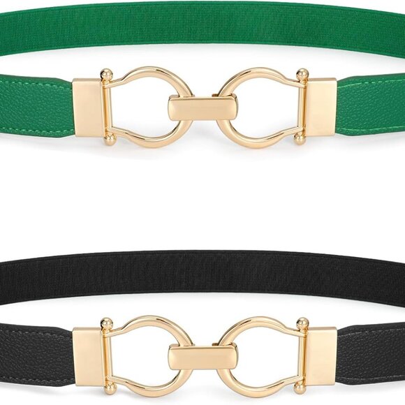2 Pack Women's Skinny Elastic Belts Gold Buckle Adjustable for Dresses - Picture 1 of 5